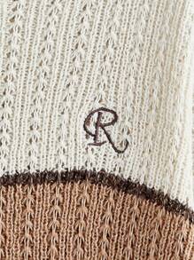 SHEIN MOD Women's Loose Letter Embroidery Colorblock V-Neck Pullover Sweater,Long Sleeve,Fall/Winter ,New Year Eve, Sweater,Thermal,Preppy