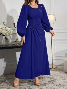Modelyn Women's Solid Color Square Collar Rhinestone Ruched Long Sleeve Arabian Modest Dress Long Evening Dresses - Blue - View 6