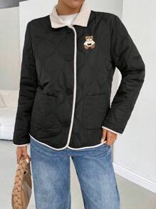 SHEIN Essnce 女式夹棉大衣，带熊刺绣、拼色和立领，适合秋冬季，女士冬装 - 黑色 - 查看 4