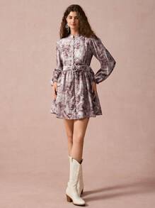 Enchnt 女士花卉扎染印花立领灯笼袖单排扣优雅连衣裙，春/秋 - 白色 - 查看 6