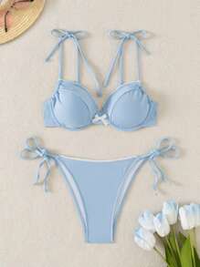 1 bộ đồ bơi nữ màu trơn không dây nơ trang trí gợi cảm mùa hè - Màu xanh lam - Xem 3