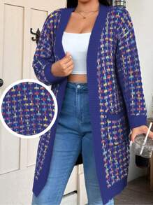 Flirla 大码长款格子混色开衫，带口袋