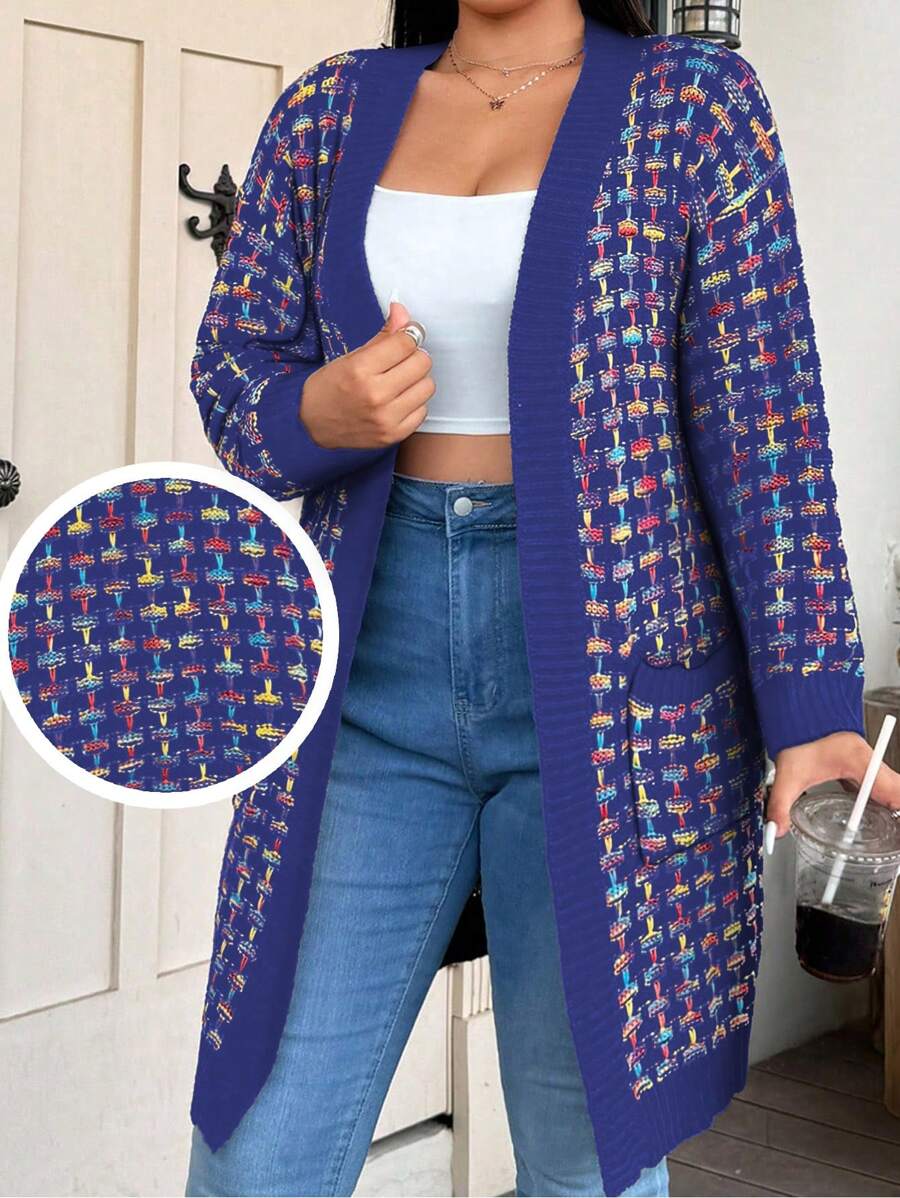 Flirla 大码长款格子混色开衫，带口袋