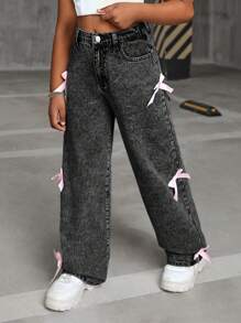 SHEIN Tween Girl Y2K Fashion Stone-Washed Baggy Denim Straight Leg Jeans With Bowknot Decorated Pockets, Fall Clothes Back To School - Grey - View 4