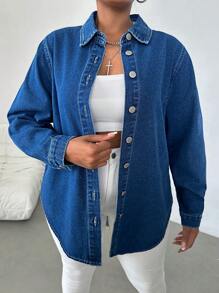 SHEIN Essnce Áo khoác denim cỡ lớn, kiểu áo sơ mi dài tay rộng rãi, màu xanh - Màu xanh lam - Xem 3