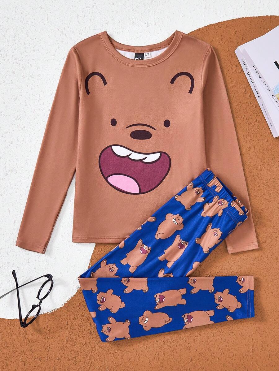 We Bare Bears X SHEIN Bộ đồ ngủ in hình mặt gấu lạc đà cho bé trai tuổi mới lớn - Cà phê nâu - Xem 1