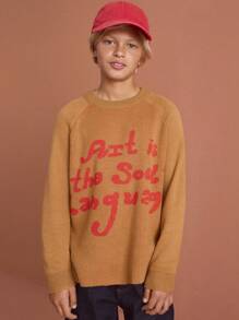 SHEIN Tween Boy Casual Camel Round Neck Raglan Sleeve Graphic Detail Minimalist Sweatshirt, Suitable For Daily Wear In Autumn/Winter