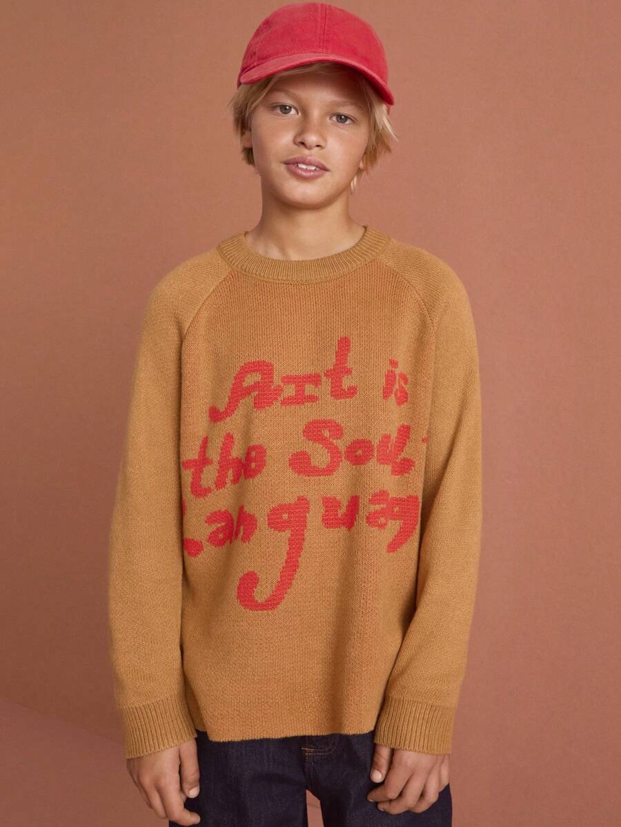 SHEIN Tween Boy Casual Camel Round Neck Raglan Sleeve Graphic Detail Minimalist Sweatshirt, Suitable For Daily Wear In Autumn/Winter
