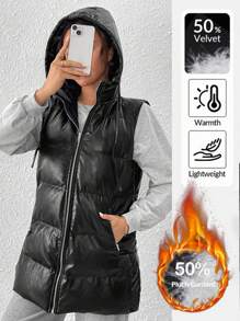 SHEIN Essnce Black Hooded Leather Down& Feathers Jacket With Double Pockets, Zipper, Windproof And Warm, 50% Filled Down& Feathers Down& Feathers Jacket, Side Slits, Metal Buckle, Adjustable Mid-Length Down& Feathers Jacket