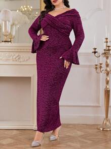 Modelyn Plus Size Elegant Glitter Flare Sleeve Fitted Long Dress, Autumn - Purple - View 6
