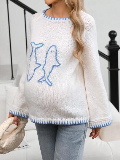 SHEIN Suéter suelto de punto con estampado de peces, manga larga, para embarazo, otoño e invierno