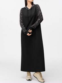 Mulvari Women Casual Leopard Patchwork Drawstring Hooded Sweatshirt Dress Suitable For Autumn Pullover Fall Outfit - Black - View 5