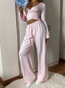 SHEIN EZwear Bộ đồ tập yoga thường ngày có cổ buộc dây và quần dài cho nữ - Hồng - Xem 3