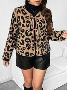 Franclia Chaqueta holgada de talla grande para mujer con estampado de leopardo, contraste de PU, lazo y cinturón, informal para otoño/invierno