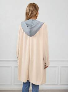 SHEIN LUNE Áo khoác thường ngày có mũ trùm đầu bằng vải nhung kẻ sọc màu khối đơn hàng mùa thu dành cho nữ - Màu Khaki - Xem 2
