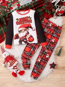 Tween Boy Punk-Cool Santa Claus Printed Snug Fit Long Pants And Contrast Sleeve Two-Piece Tight Fitting Pajama Set - Multicolor - View 1