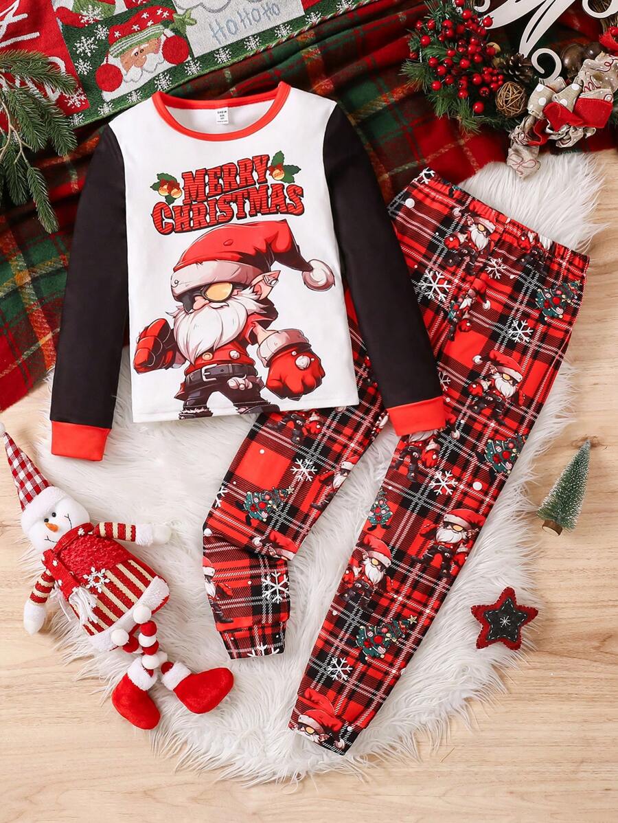 Tween Boy Punk-Cool Santa Claus Printed Snug Fit Long Pants And Contrast Sleeve Two-Piece Tight Fitting Pajama Set - Multicolor - View 1
