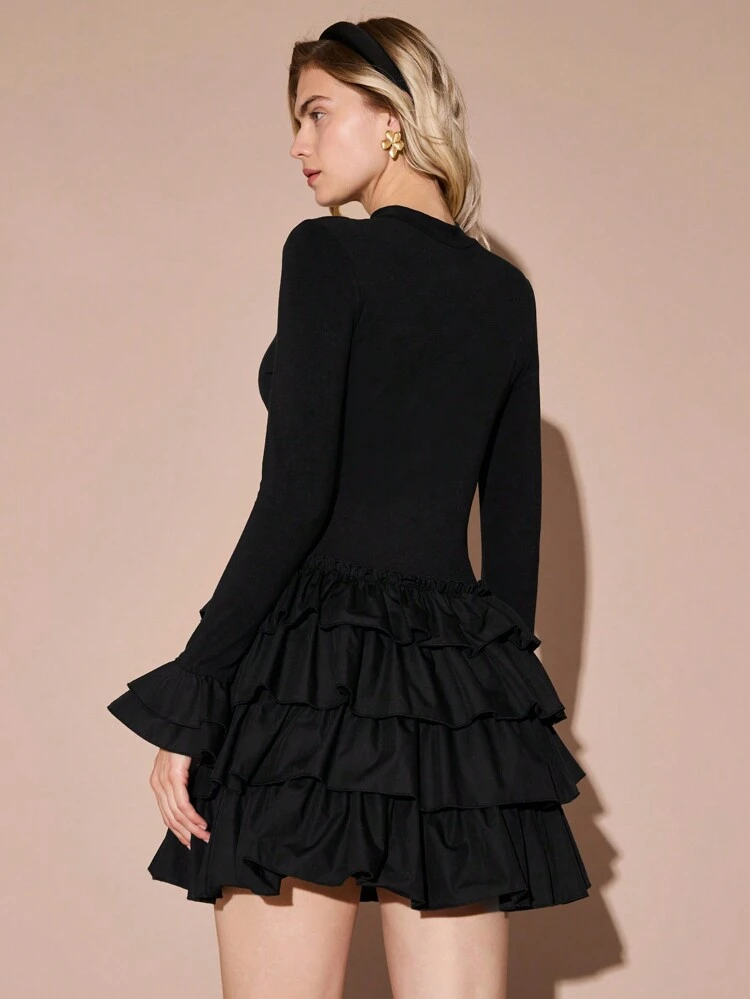 Women's Black Stand Collar Slim Fit Cake Tiered Hem, Long Sleeve Simple Short Casual Dress, Work Dress, Date Dress, Christmas, Can Be Paired With Various Coats,Fall Winter Dress