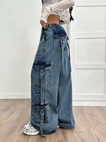 SHEIN PETITE Quần Jeans Ống Rộng Có Dây Rút Eo Giặt Thường Ngày Cho Nữ - Màu xanh lam - Xem 5