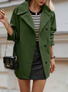 SHEIN LUNE Áo khoác thường ngày tay cánh dơi cài nút phía trước đơn giản cho nữ, màu trơn - xanh quân đội - Xem 7