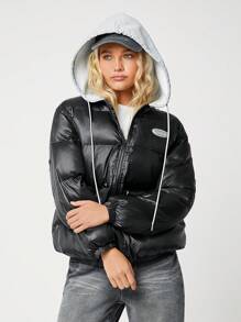 SHEIN EZwear 女士秋冬连帽亮面绗缝拼接二合一运动衫休闲棉服外套 - 黑色 - 查看 4