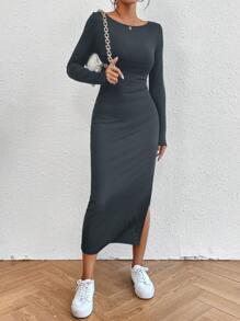 SHEIN Essnce Đầm thường ngày tay dài cổ tròn màu trơn cho nữ xẻ tà - Màu xám đen - Xem 5