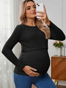 SHEIN Camiseta de manga larga casual de cuello redondo ajustada de unicolor y acanalada para maternidad