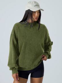 LYSMO Áo nỉ dài tay cổ tròn màu trơn thường ngày cho nữ - xanh quân đội - Xem 5