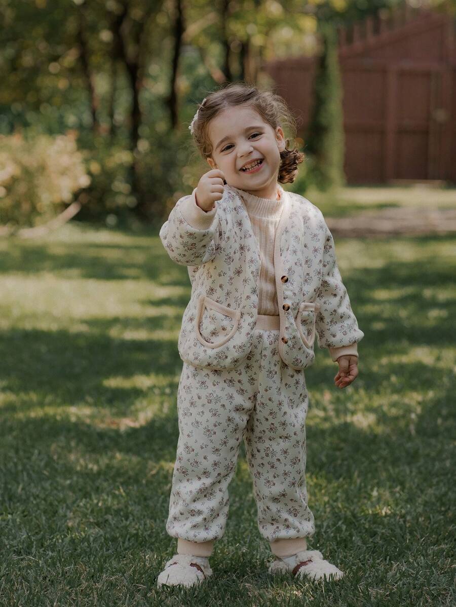 SHEIN 2 件装女婴复古碎花加厚棉袄套装，冬季韩版时尚