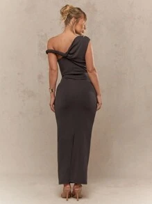 MISSGUIDED 露肩垂褶针织中长连衣裙，适合晚宴、婚礼宾客等特殊场合，单肩褶皱修身连衣裙 - 灰色 - 查看 2