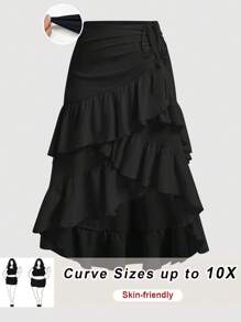 SHEIN CURVE+ 大码奶油色不对称荷叶边下摆抽绳褶皱分层黑色半身裙 - 黑色 - 查看 1