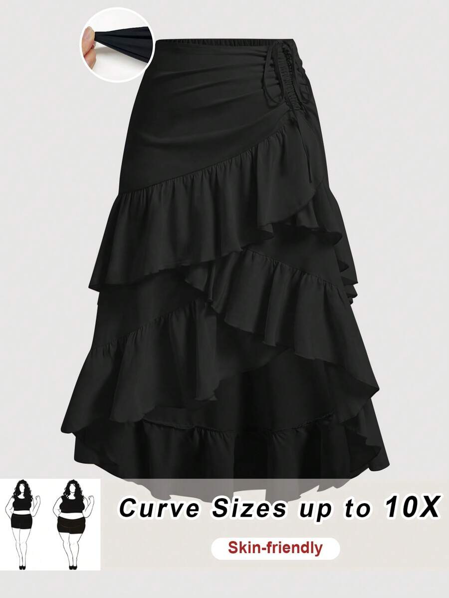 SHEIN CURVE+ 大码奶油色不对称荷叶边下摆抽绳褶皱分层黑色半身裙 - 黑色 - 查看 1