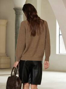 SHEIN Privé Loose Casual Ribbed Knit Button Sweater, Knit Pullover Fall Winter - Mocha Brown - View 2