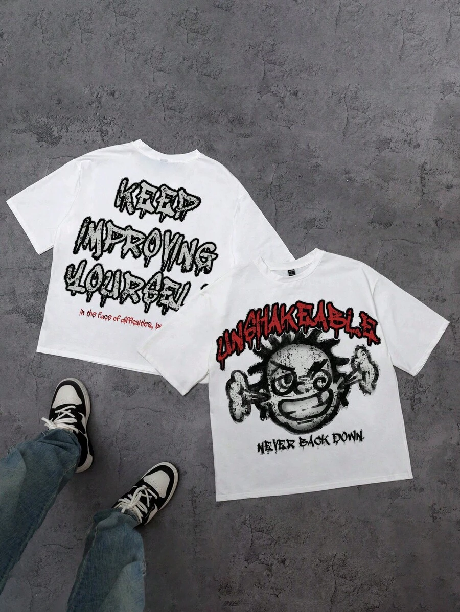 Manfinity ZONE917 White Knit Men's Letter & Cartoon Print Round Neck Short Sleeve T-Shirt - White - View 1