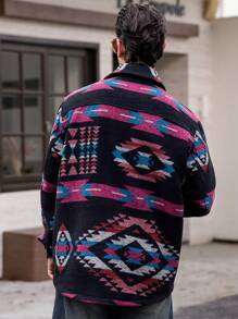 Manfinity VCAY Men's Thick Lined Collared Button-Up Casual Shacket, Slim Fit, Suitable For Autumn - Burgundy - View 3