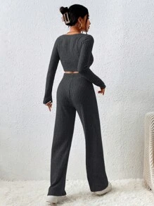 EURMUSE Cotton 2pcs/Set Ribbed Short Sleeve T-Shirt & Long Pants Outfits - Dark Grey - View 2