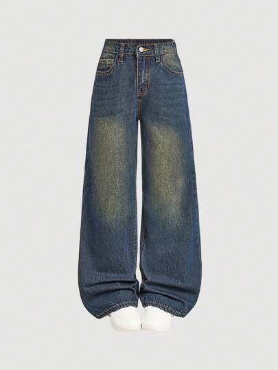 SHEIN Girlism Tween 女童 Y2K 时尚复古水洗高腰猫须水洗宽松直筒牛仔裤，Tween 女童秋冬装返校街头服饰