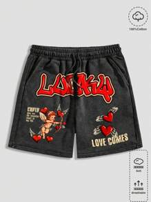 ROMWE MEN Street Life Heren Letter Grafische Shorts, Ideaal Voor Dagelijks Gebruik In De Lente En Zomer, School