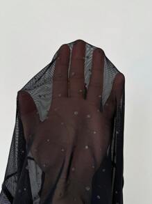 Allurite Plus Size Solid Color Rhinestone Decor Sheer Sexy Long Sleeve Blouse - Black - View 7