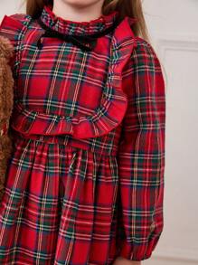 Cozy Pixies Young Girl Red Black Plaid Bow Decor Round Neck Ruffle Waist Long Sleeve Dress - Red - View 7