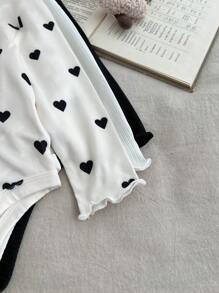 SHEIN LMoss Kids 3件套LMoss秋冬季卡其色爱心印花高领罗纹针织女婴连体衣，适合户外活动、婴儿派对、家庭聚会