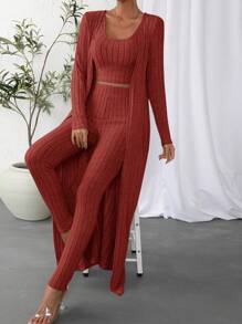 SHEIN Essnce 3pcs Women Solid Color Ribbed Shrug Cardigan, Crop Top And Leggings Knit Set For Autumn - Redwood - View 1