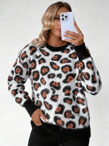 SHEIN LUNE Women Leopard Print Crew Neck Drop Shoulder Long Sleeve Casual Sweater, Autumn/Winter, Knit Pullover Fall - Coffee Brown - View 6