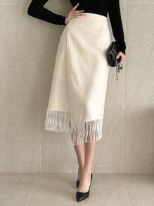 DAZY 女士优雅纯色裹身式流苏下摆半身裙，秋冬 - 米色 - 查看 8