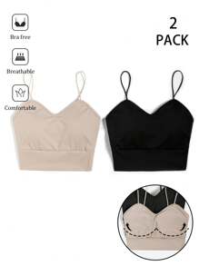 SHEIN BASICS 2pcs/Set Women Solid Color Knit Fitted Sport Crop Top Cami - Multicolor - View 1