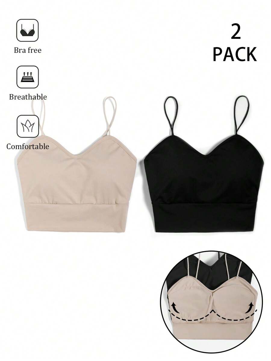 SHEIN BASICS 2pcs/Set Women Solid Color Knit Fitted Sport Crop Top Cami - Multicolor - View 1
