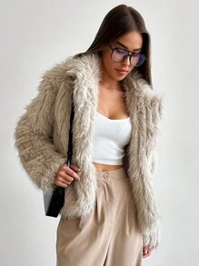 Aloruh 蓬松短外套，秋冬季百搭时尚外套 - 棕色 - 查看 5