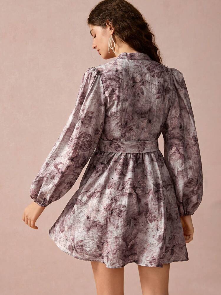 Women Floral Tie Dye Print Stand Collar Lantern Sleeve Single Breasted Elegant Dress, Spring/Autumn