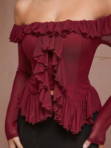 L'Amorae Blusa elegante de manga larga con hombros descubiertos y volantes de unicolor, para otoño - Burdeos - Ver 2