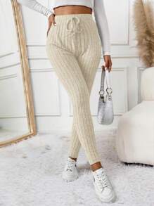 SHEIN Frenchy 纯色针织罗纹弹力腰部紧身黑色粒面面料女式紧身打底裤 - 杏色 - 查看 3